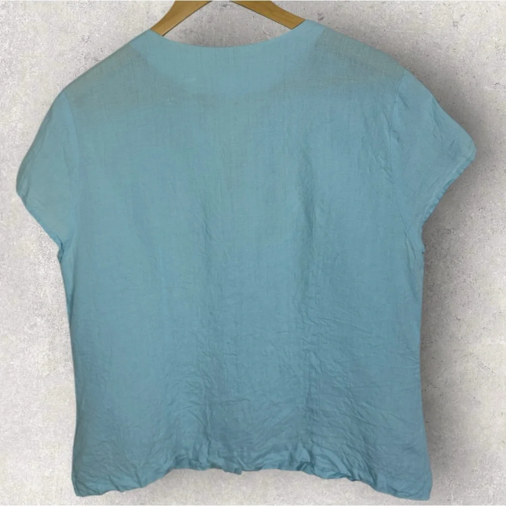 Talbots 100% Irish Linen V-Neck Button Down Short Sleeve Blouse Size 16 Blue Top - Picture 9 of 12